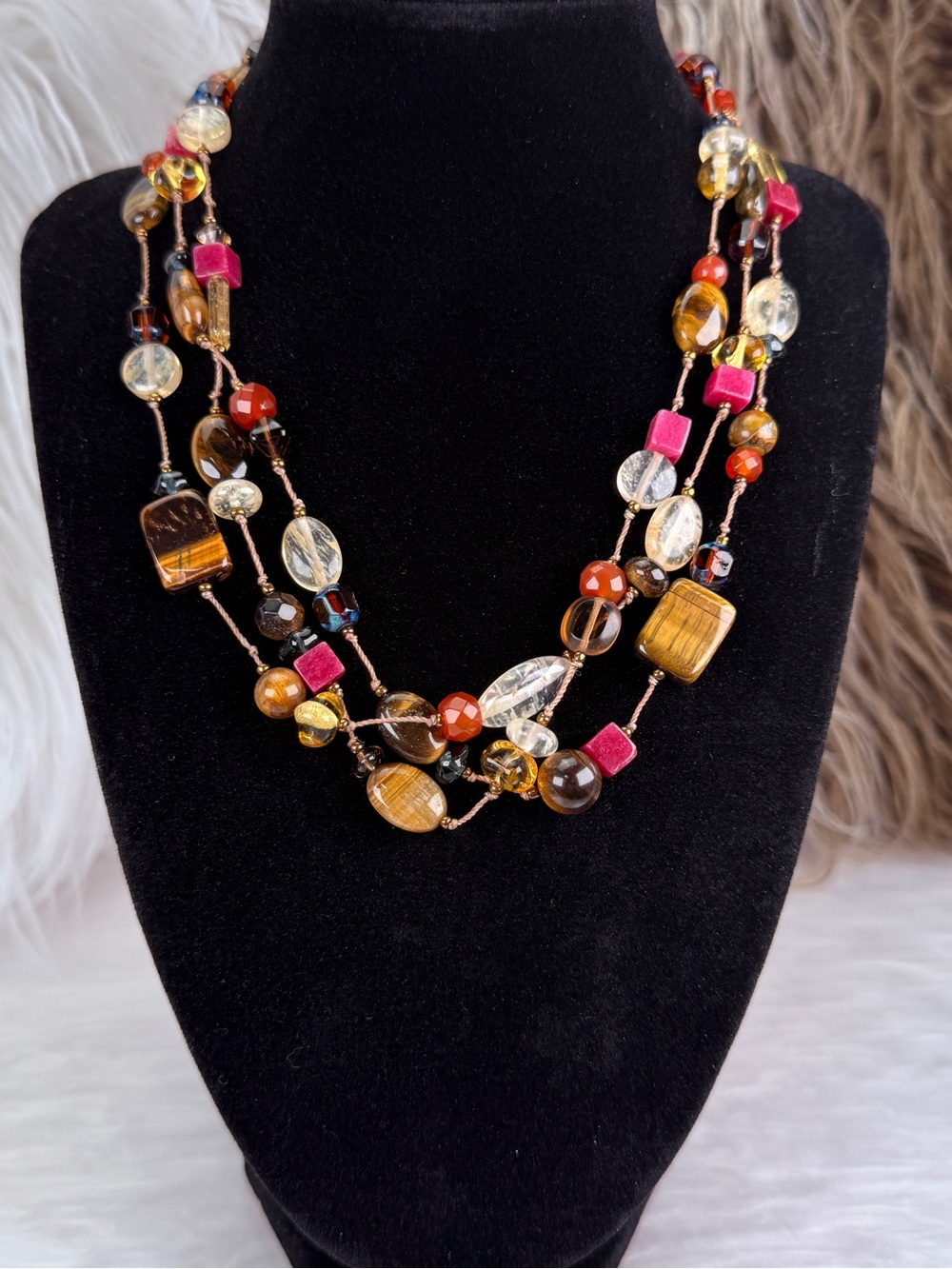 Vintage Multi Strand Mixed Bead Statement Necklace Earth Tone Boho Artisan Chic